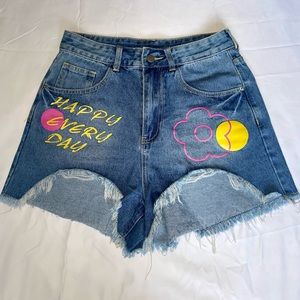 SHEIN Jeans Shorts Women Medium Graphic Floral Print Blue Denim Ripped Distress